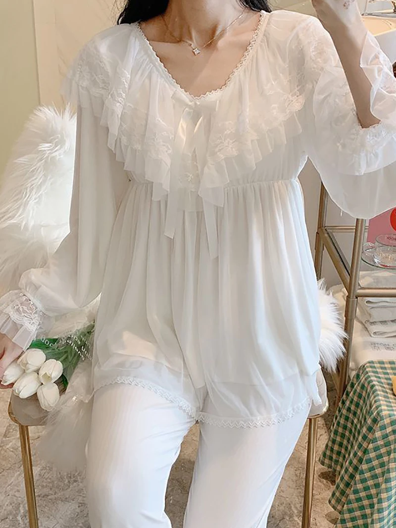 Women Female Fairy Ruffles Modal Lace Victorian Pajamas Loungewear Two Piece Suits Lolita Vintage Princess Nightgowns Sleepwear