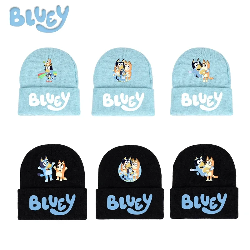 Горячая серия Bluey Мультяшная шапка светло-голубая черная вязаная модная