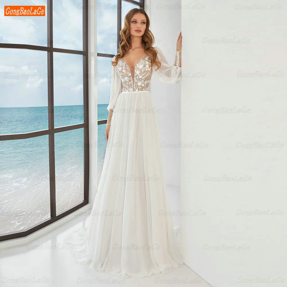 

Boho Wedding Dress for Women 2022 Mermaid Long Sleeves Bride Gown Button Backless Robe De Mariée Vestidos De Novia Boda Elegante