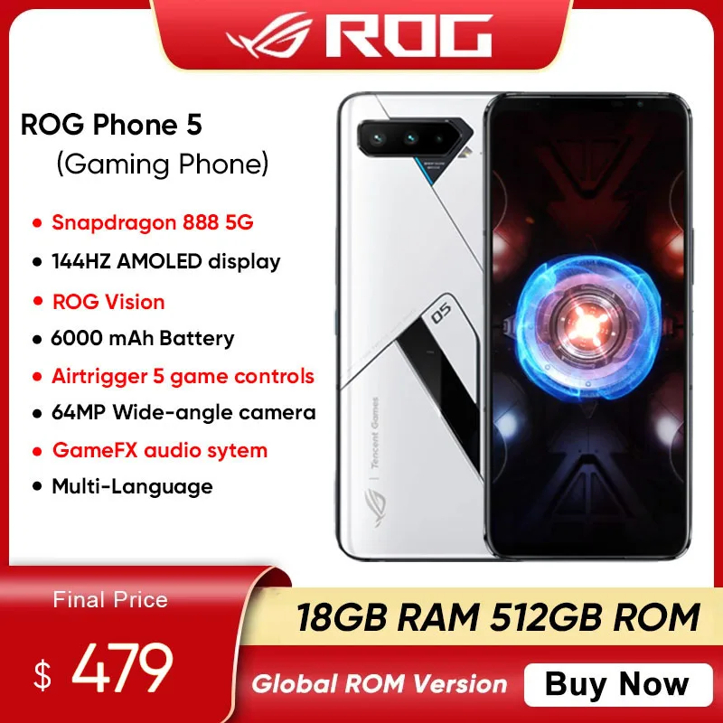 ASUS ROG Phone 5 5G Smartphone Snapdragon 888 6.78'' 144Hz AMOLED 6000mAh 18GB RAM 512GB ROM Gaming Phone NFC