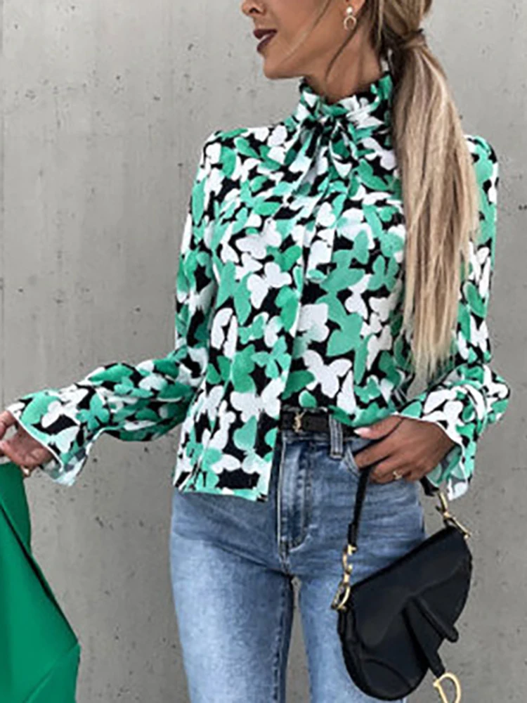 

2022 Spring Sleeve Casual Pullover Tops Women Retro Printing Bow Knot Slim Blouse Lady Elegant Flare Sleeve Office Shirt Blusa