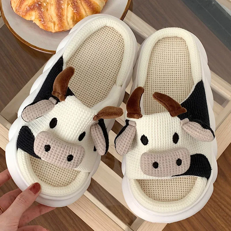 2023 Kawaii Slippers Cute Milk Cow Linen Slippers Women Platform Indoor Home Hemp Flip Flops Summer Thick Bottom Pillow Shoes