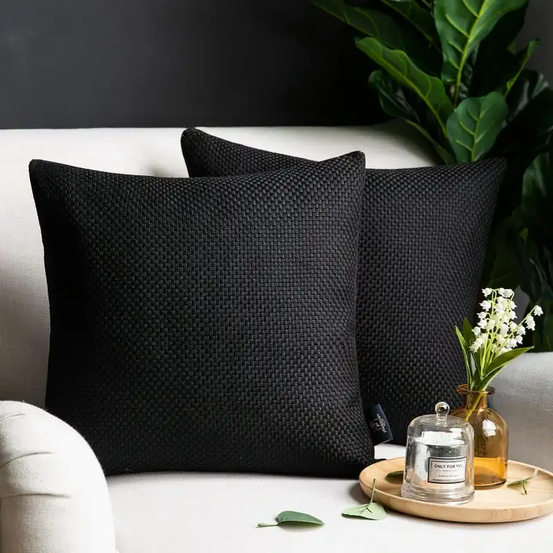 

Textured Thick Solid Color Checker Series Outdoor Decorative Throw Pillow for Patio, 18" x 18", Black, 2 Pack