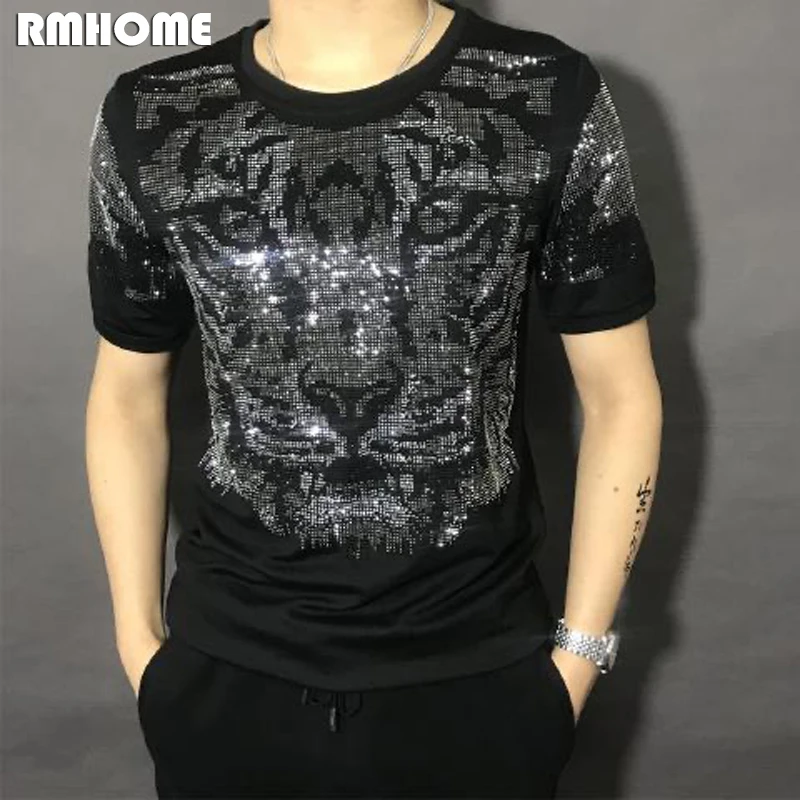 

Футболка мужская с тигровым принтом, популярная Роскошная рубашка с бриллиантами, Модный повседневный черный топ с коротким рукавом, лето