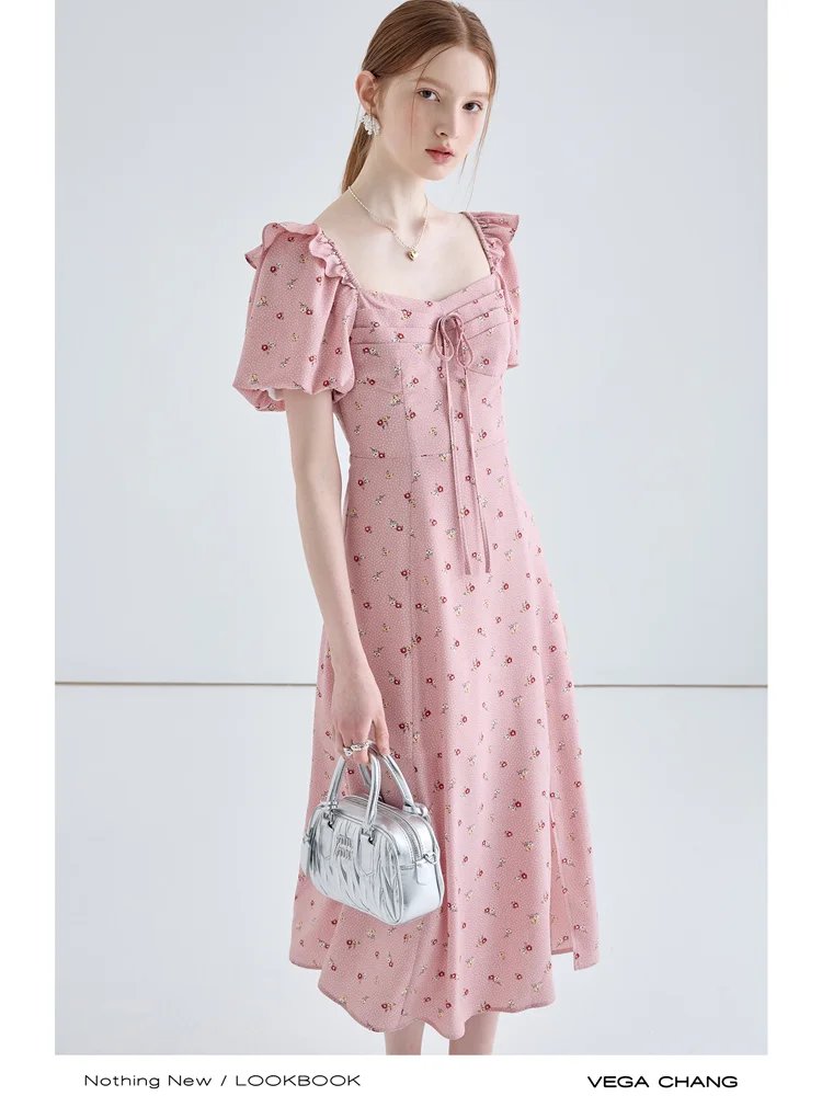 

Женское длинное платье с поясом, Элегантное повседневное платье розового цвета с цветочным принтом, приталенное платье во французском стиле с рукавами-фонариками, Новинка лета 2023
