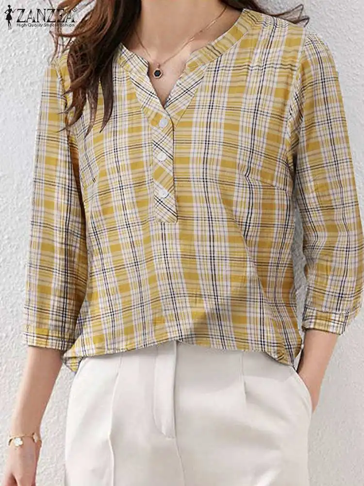 

ZANZEA Summer Holiday Blusas Grid Printed Shirt Short Sleeve V-Neck Women's Blouse Fashion Loose Tunic Office OL Tops Oversized