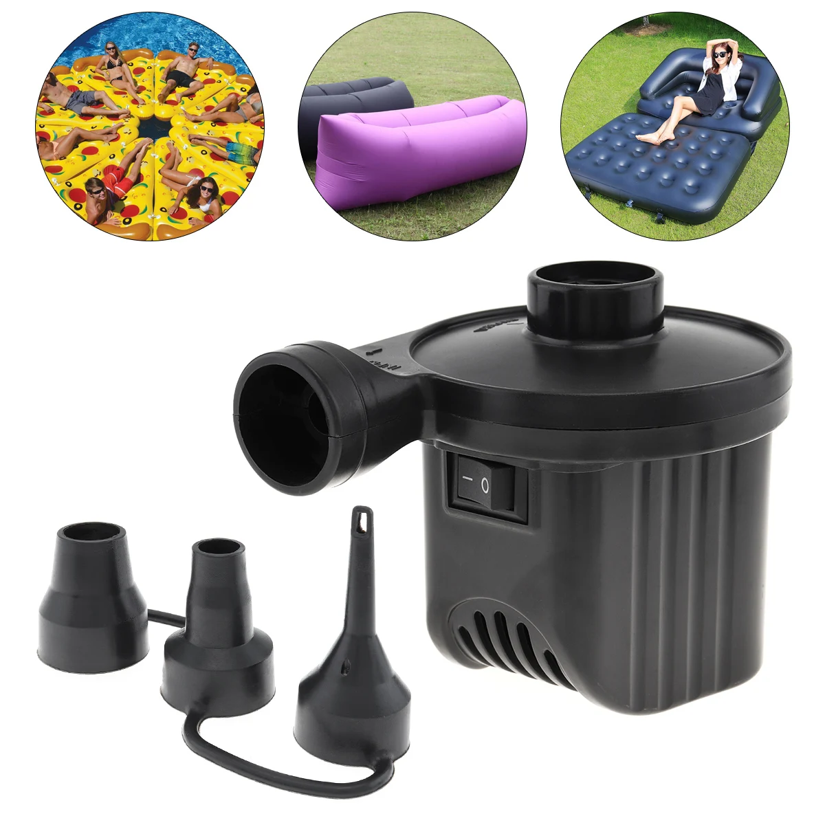 

EU Plug 220V DC 12V Portable Replaceable Dual Purpose Air Pump Electrical Suction Inflatable Pump with 3 Nozzles for Car Home
