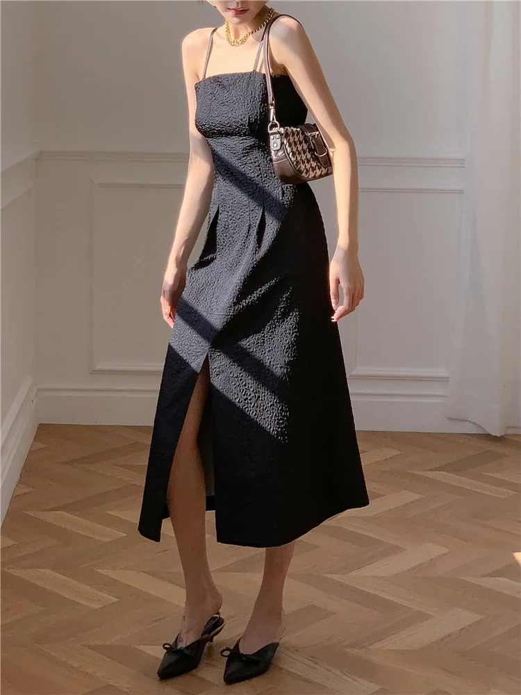 

Black Fold Pleated Dress For Women Square Collar Sleeveless High Waist Sexy Dresses Female 2022 Summer Clothing Fashion N838