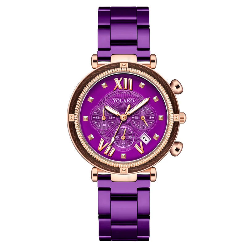 

Women Roman Calendar Watches Fashion Shining Ladies Wristwatches Luxury Purple Stainless Steel Female Quartz Watch Clock