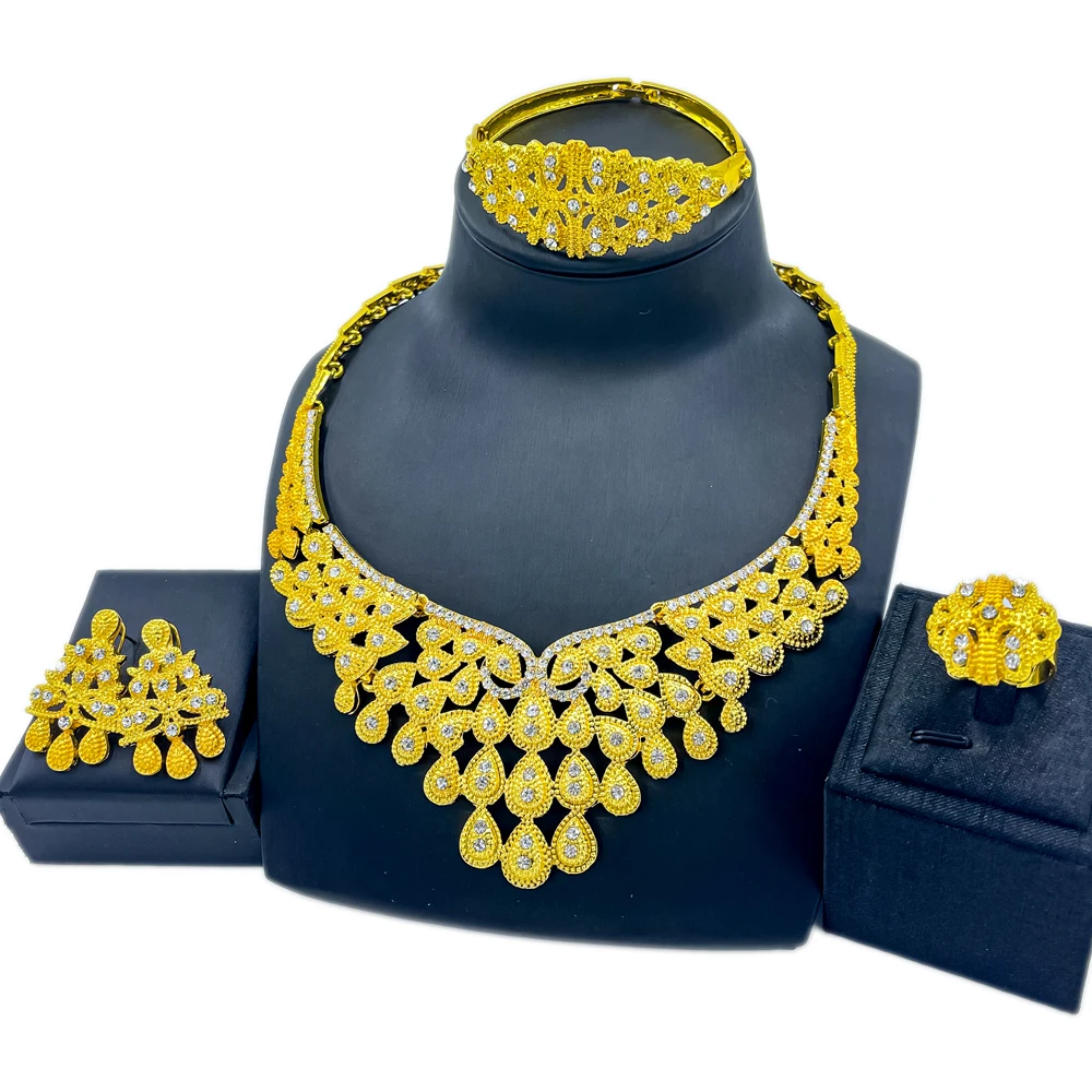 

African Crystal Necklace for Women Vintage Style Bracelet Water Drop Shape Earrings Bridal Wedding Ring Fashion Jewelry Sets
