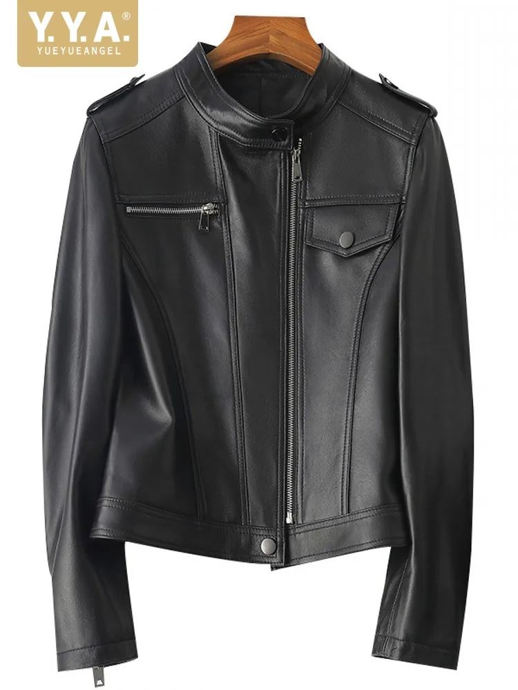 

Autumn Women Slim Fit Short Sheepskin Genuine Leather Jacket Motorcycle Biker Coat Stand Collar Office Ladies Outwear Jackets