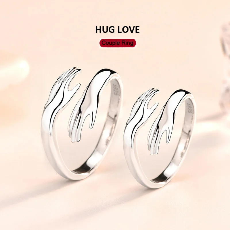 

S925 Pure Silver Hands Hug Love Couple Ring Personality Opening Valentine's Day Ring Birthday Anniversary Fine Jewelry Gift