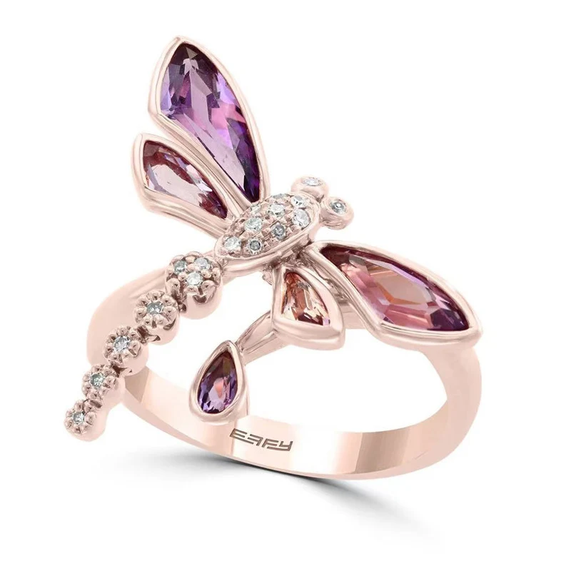 

New Cute Rose Gold Dragonfly Rings For Women Shine Pink White CZ Stone Inlay Fashion Jewelry Delicate Cocktail Party Gift Ring