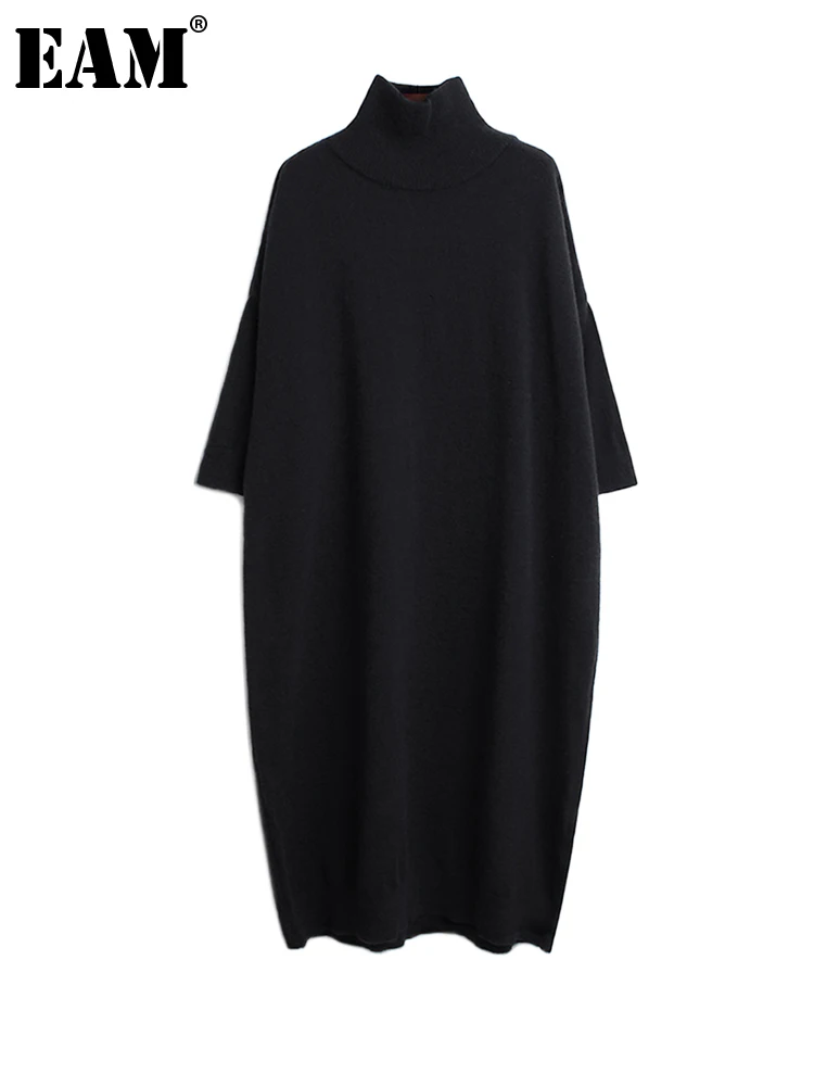 

[EAM] Women Black Long Big Size Knitting Dress New High Collar Long Sleeve Loose Fit Fashion Tide Spring Autumn 2023 1K122