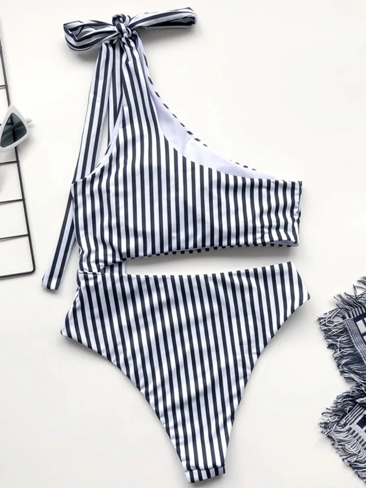 Sexy Striped One shoulder Women Swimwear One piece Swimsuit Female High Waist Monokini Bather Bandeau Bathing Suit Swim Bodysuit