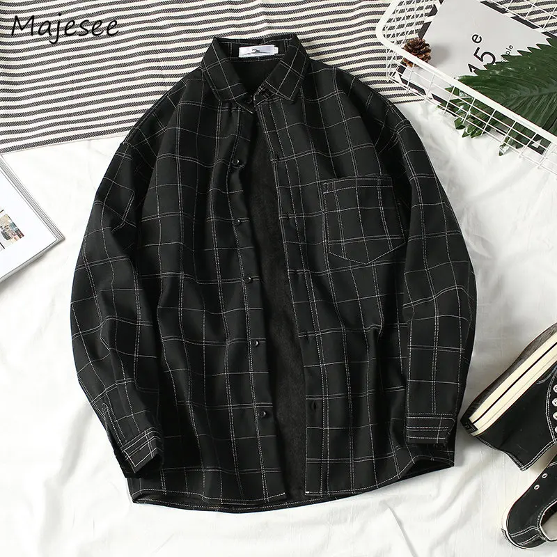 Рубашки мужские зимние флисовые клетчатые свободные модные базовые черные