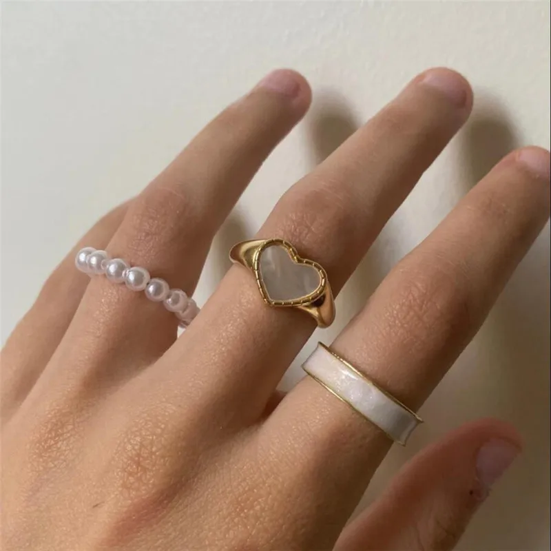 

KOTiK New Fashion Punk Vintage Pearl Rings Set Gold Color Heart Opening Finger Ring for Women Knuckle Jewelry