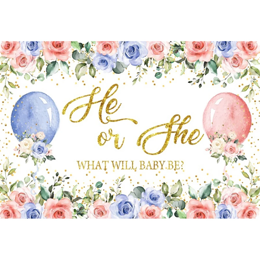 

He or She Gender Reveal Party Backdrops for Photography Floral Balloons Newboren Baby Shower Boy or Girl Background Photocall