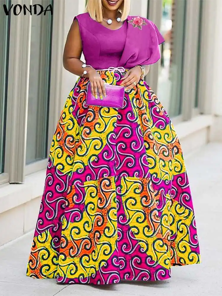 

Y2k Women Sleeveless Patchwork Dress 2023 VONDA Femme Casual Loose Floral Printed Evening Dress Holiday Maxi Sundress Femininas