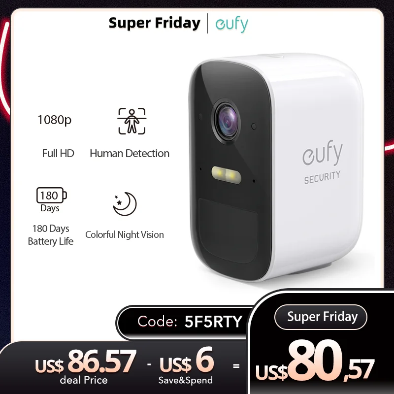 

Eufy Security eufyCam 2C Беспроводная защита для дома, срок службы аккумулятора 180 дней, Совместимость с HomeKit 1080p HD без ежемесячной платы