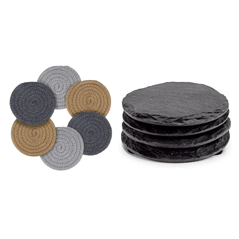 

HOT-6 Pcs Coasters For Drinks Absorbent Handmade Braided Coaster Set 11Cm With 4 PCS Round Slate Black Coasters 10Cm