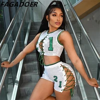 fagadoer letter embroidery sexy lace up women two piece sets sequined hollow out shorts sets fashion club streetwear outfits