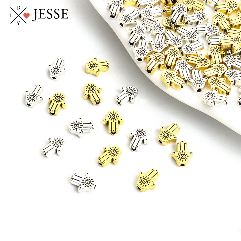 

50pcs Hamsa Fatima Hand Turkish Evil Eyes Spacer Alloy Bead Antique Gold/Silver Color Loose Metal Bead Lucky Jewelry Accessories