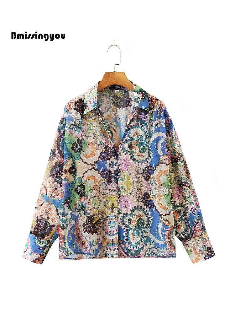 

Bmissingyou Printed Long Sleeve Shirts for Women Turn-down Collar Single Breasted Blouse Vintage Casual Loose Tops