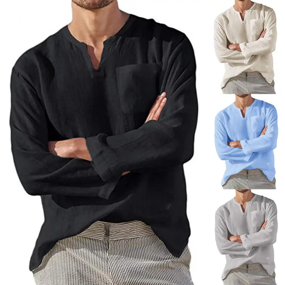 

Casual Spring Autumn Men Shirt Solid Color Patchwork Pocket Loose Top Beach Shirt Stand Collar V Neck Pullover For Daily Wear