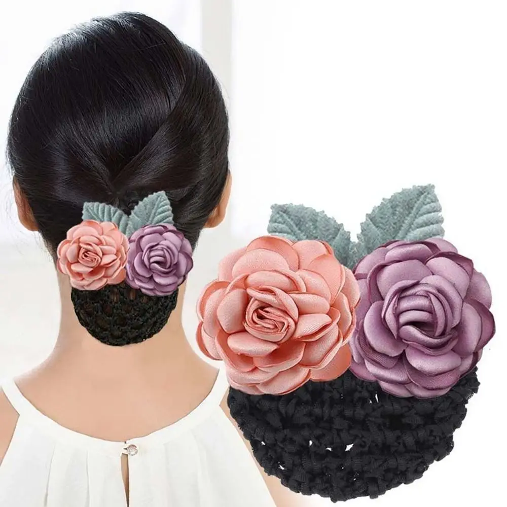 

Flower Rose Hair Clip Hotel Airline Stewardess Women Spring Clips Korean Bun Snood Hairgrips Cover Net Ponytail Clip