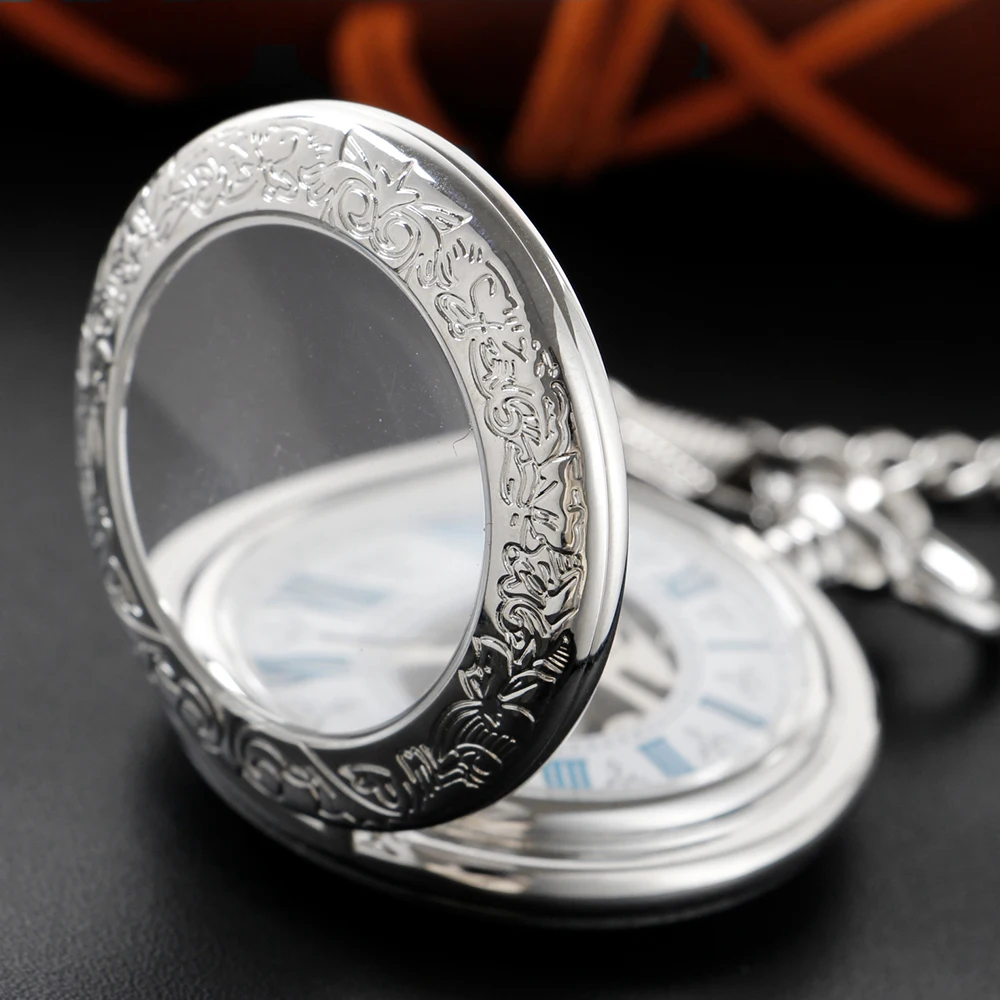 Silver Pattern Hollow Engraving Mechanical Pocket Watch High Quality Unisex Necklace Timing Pendant for Men and Women Pjx054