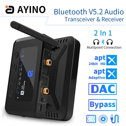 AYINO aptX адаптивный Bluetooth 5,2 аудио передатчик приемник Двойной режим оптический, коаксиальный, AUX 3,5 м байпас четыре синхронных выхода