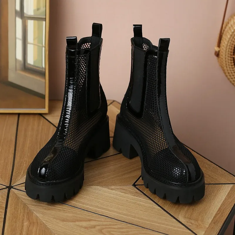 Mesh Breathable Thin Ankle Boots 2022 New British Style Thick Heel Casual Comfortable Hollow Fashion Trend Short Boots Female