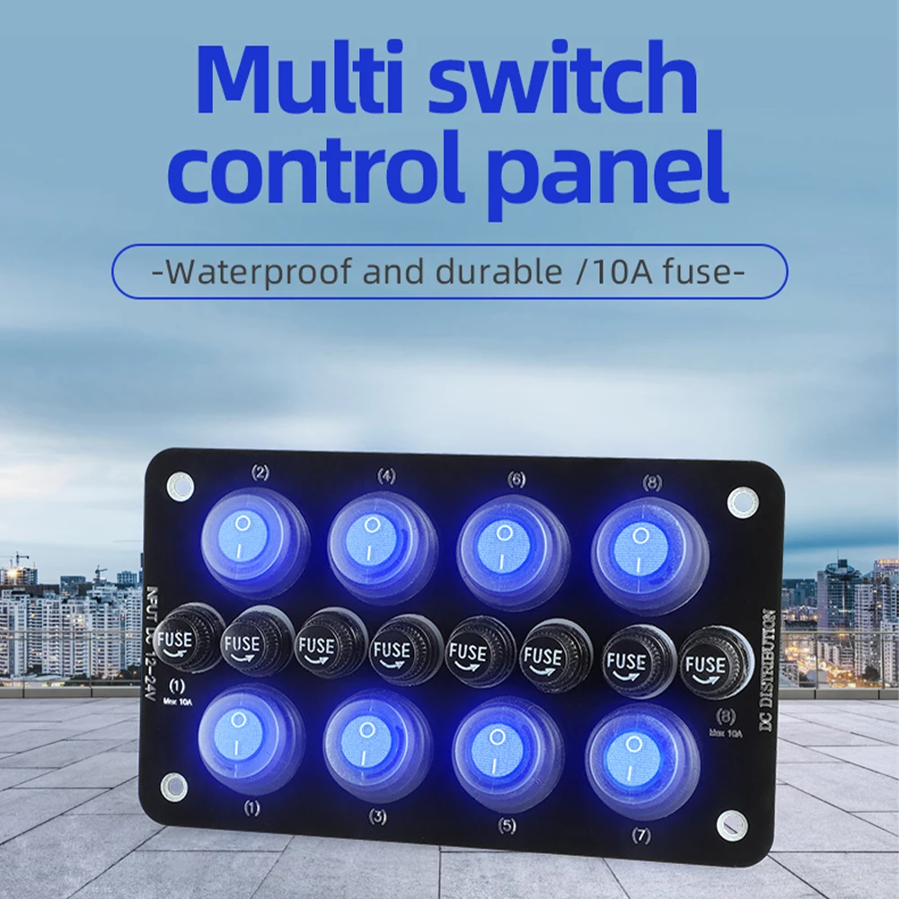 

8 Gang Rocker Switch Panel 12-24V On-OFF Toggle Switch Panel Waterproof with 10A Fuse Blue Backlit for Cars SUV Marine Boat