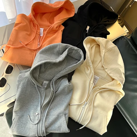 Women Spring Autumn Solid Drawstring Cardigans Short Zipper Hooded Hoodies Korean Style Casual Thin Zip-up All-Matched Tops