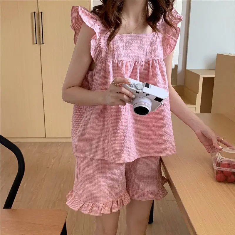 

Plaid Sleepwear Women Pajamas Shorts Set Korean Kawaii Fly Sleeve Pijama Summer Home Suit Square Collar Loungewear Night Wear