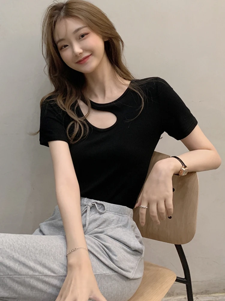 

Футболка женская однотонная с коротким рукавом, пикантный облегающий топ в стиле Харадзюку для молодых девушек, мягкий черный белый топ в К...