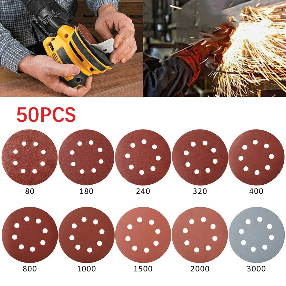 

50pcs 125mm Sanding Discs Sandpaper Pre-punched With 8 Hole Mixed Grit 80-3000 Hook And Loop For Polished Metal Wood