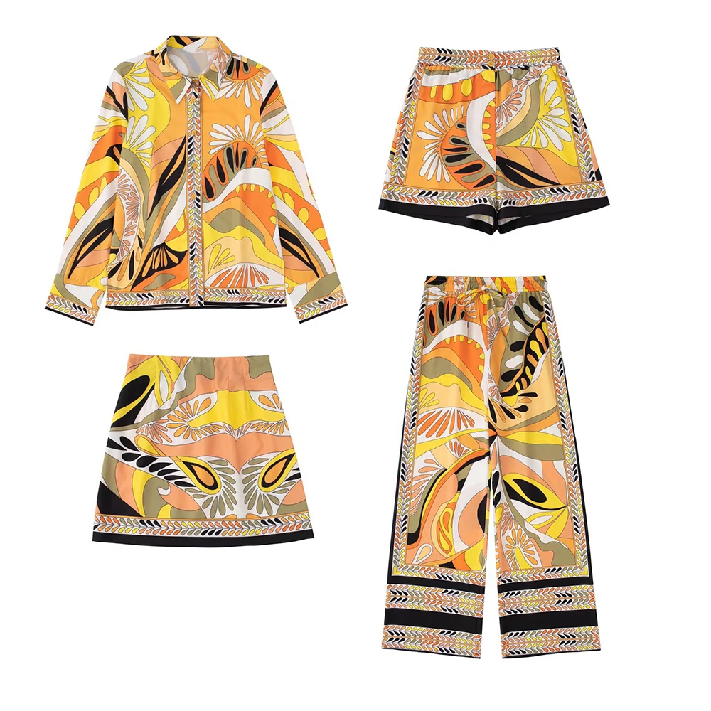 

Женская Летняя Повседневная рубашка с принтом, модные шикарные Ретро Топы с длинным рукавом и женские эластичные брюки с высокой талией, че...