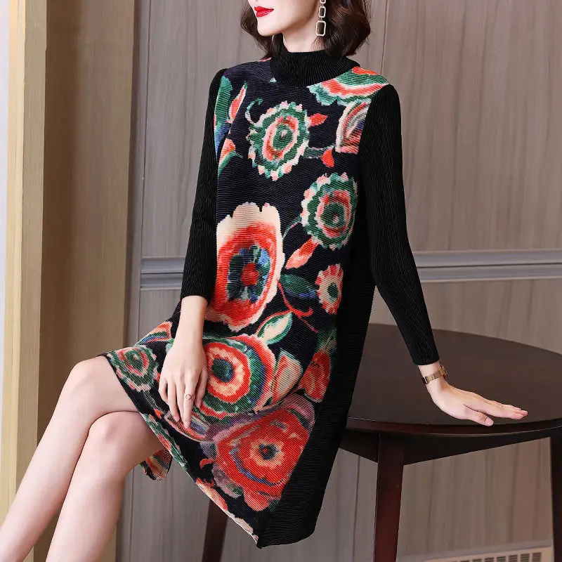 

Long-sleeved pleated dress 2022 spring new fashion print high collar foreign air cover belly loose big size skirt high collar