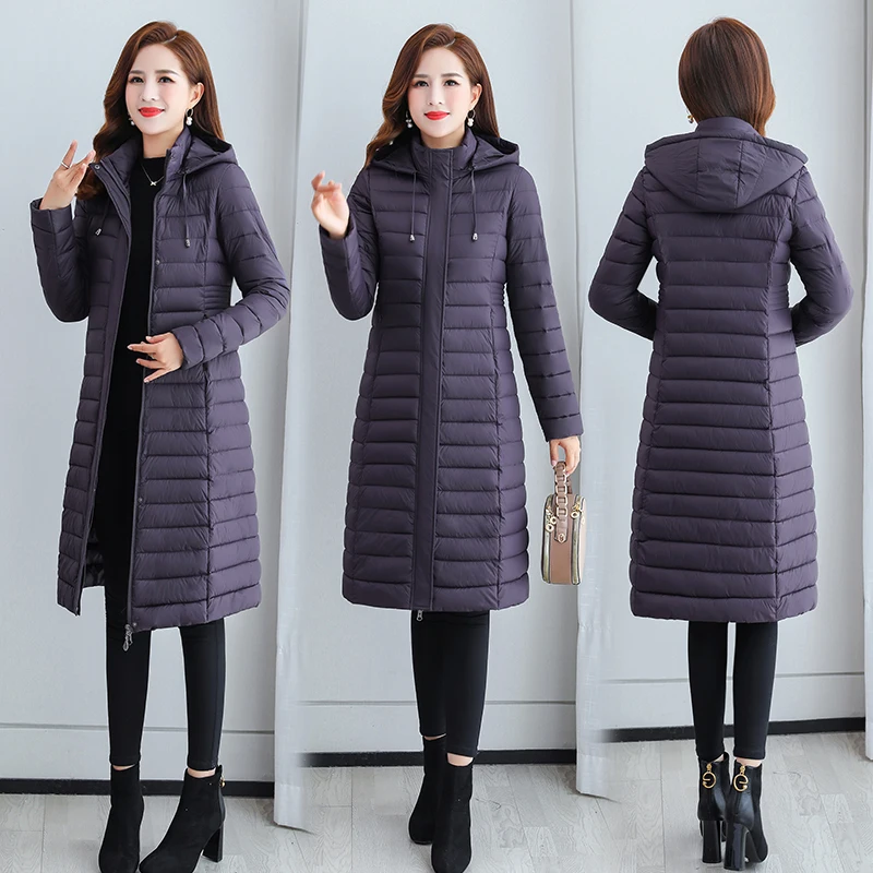 2022 Women's Winter X-long Coat Hooded Casual Zipper Female Jacket Winter Solid Color Stand Collar Thick Cotton Woman Parkas