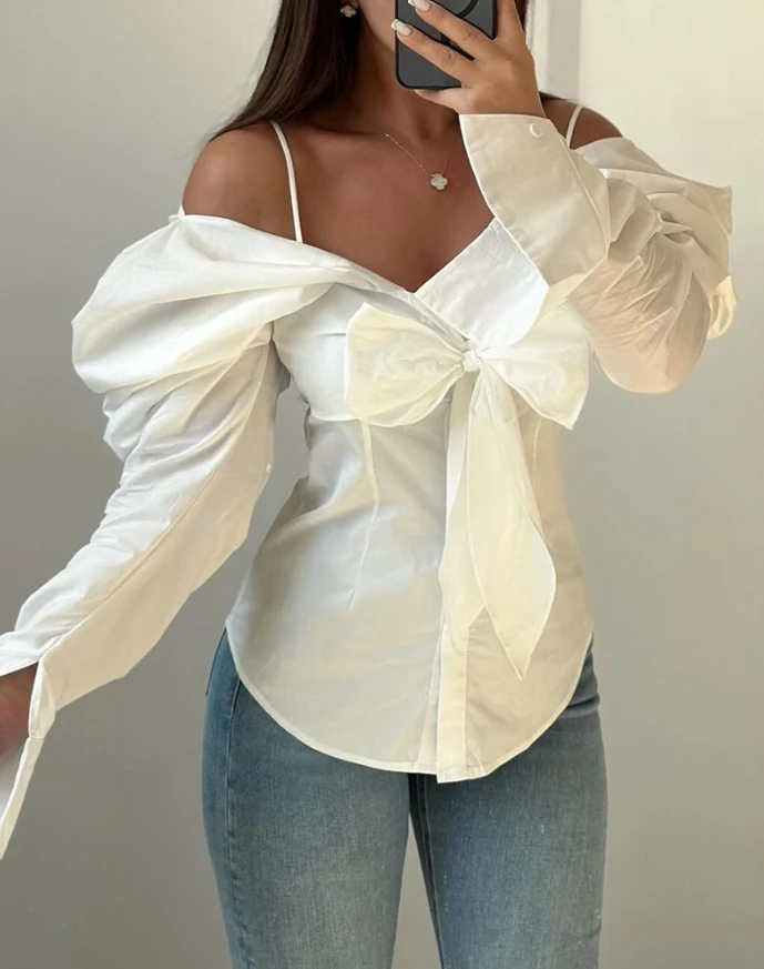 Женский топ с рукавами Gigot блузка открытыми плечами и завязкой на талии дизайн
