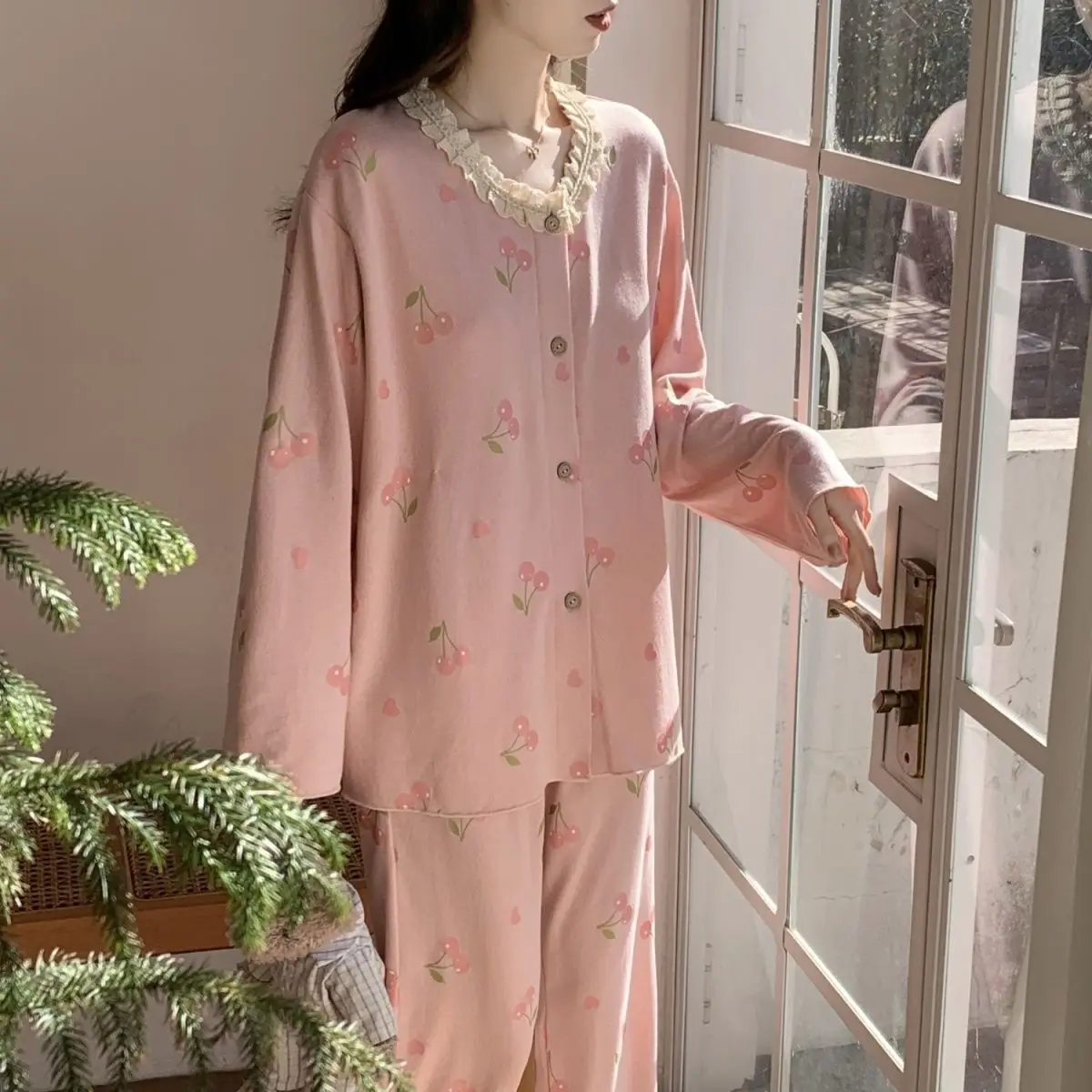 Весенне-осенняя модная женская повседневная милая розовая одежда для сна с