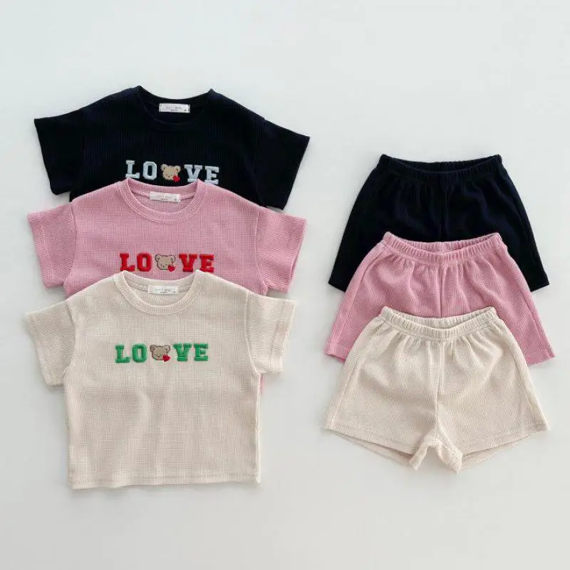 

2023 Summer New Baby Short Sleeve Clothes Set Infant Cute Letter Print T Shirts + Shorts 2pcs Suit Toddler Girl Waffle Outfits