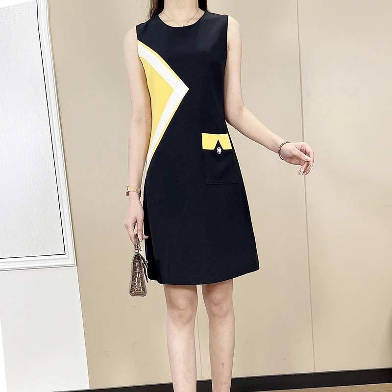 

MIUXIMAO 2022 Новая Летняя женская одежда с круглым вырезом без рукавов приталенное платье в стиле пэчворк Модное Элегантное офисное платье