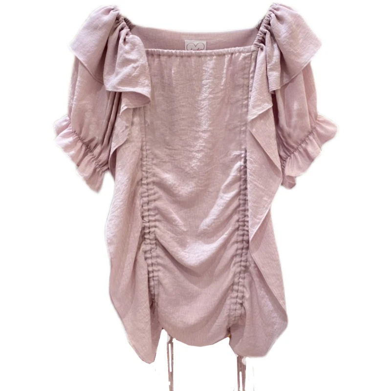 

VANOVICH 2022 Summer Women's New Korean Style Ruffled Pleated Fashion Square Collar Short-sleeved T-Shirt Solid Color Sweet Top