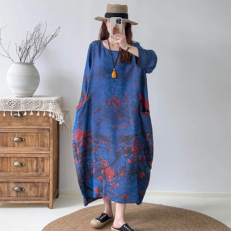 

Женское длинное платье с цветочным принтом, длинное шелковое платье-кафтан с круглым вырезом и рукавами «летучая мышь», 2022