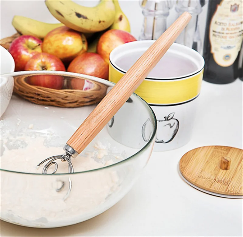 

Инструмент для взбивания яиц, миксер из нержавеющей стали с ручкой из дуба для самостоятельного приготовления теста для хлеба, посуда для выпечки, технические кухонные приспособления