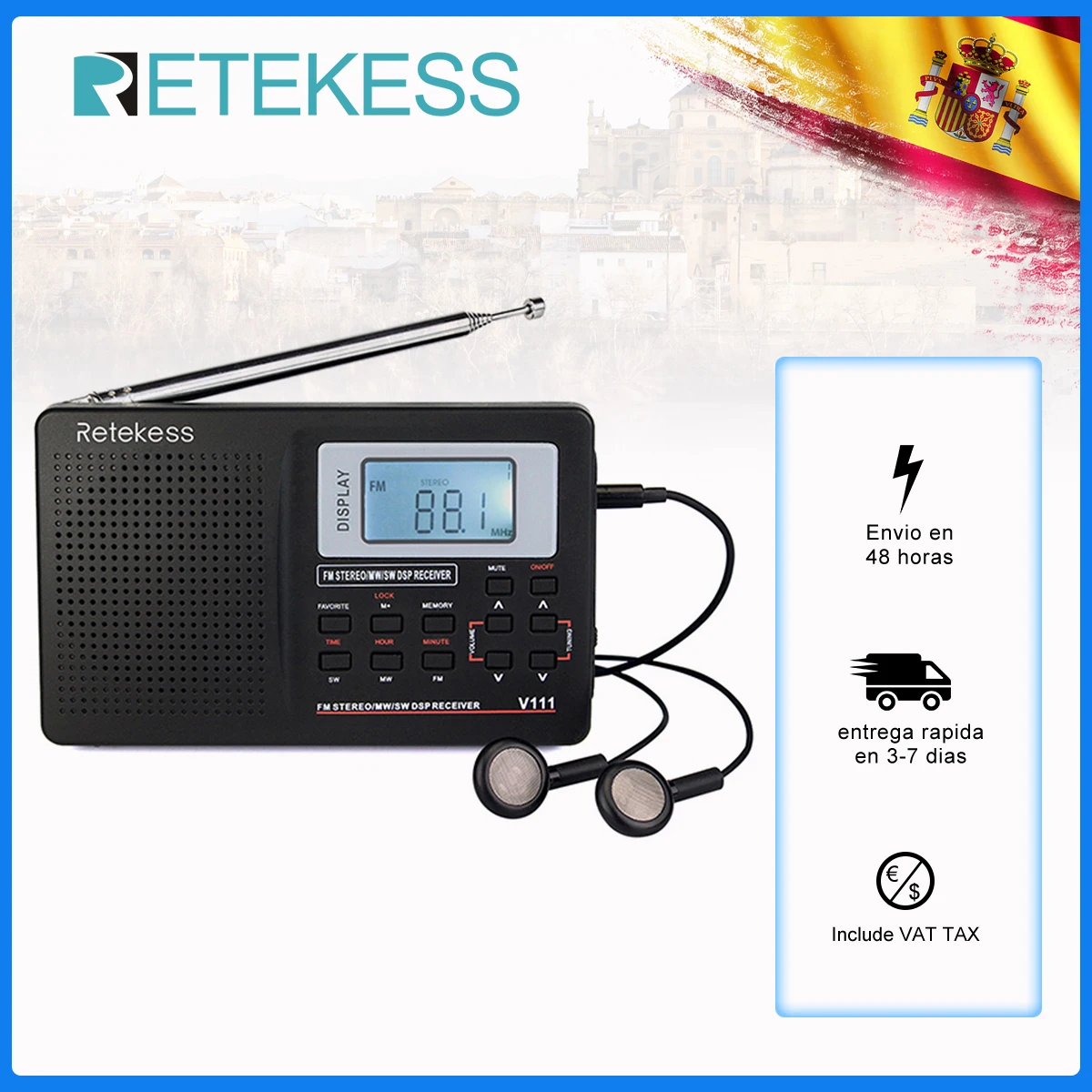 Портативный радиоприемник RETEKESS V111 FM стерео/MW/SW полный диапазон DSP - Цена: 2536.6
