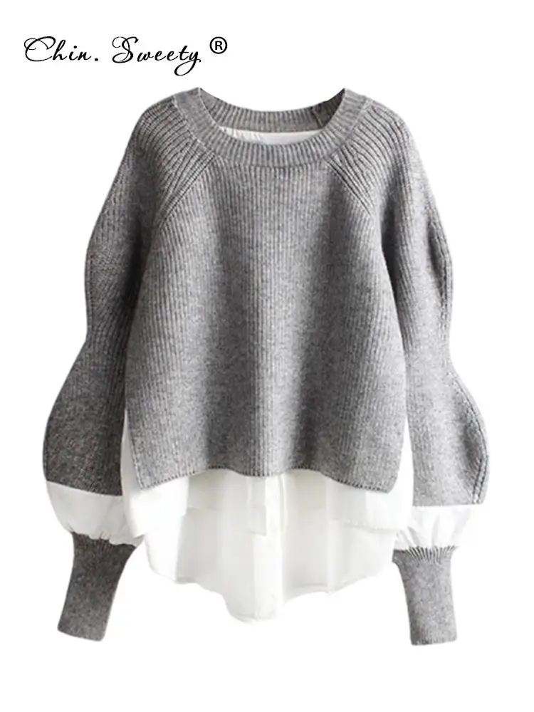 Вязаный женский свитер в стиле пэчворк большой корейский пуловер с длинным